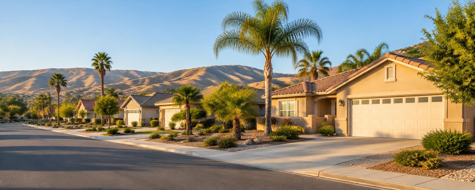 Sunlit single-story homes with tile roofs in a Southern California neighborhood