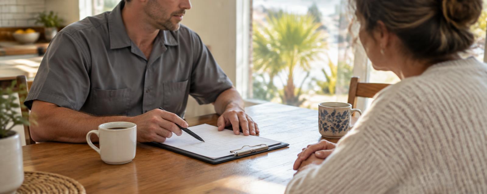 Technician reviewing written findings and recommended next steps with a homeowner at a kitchen table